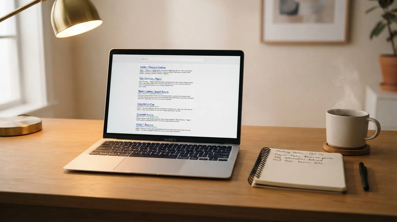 A tidy desk with a laptop open on a plain search-results page, a notebook and a coffee cup beside it, no screens showing any casino branding.