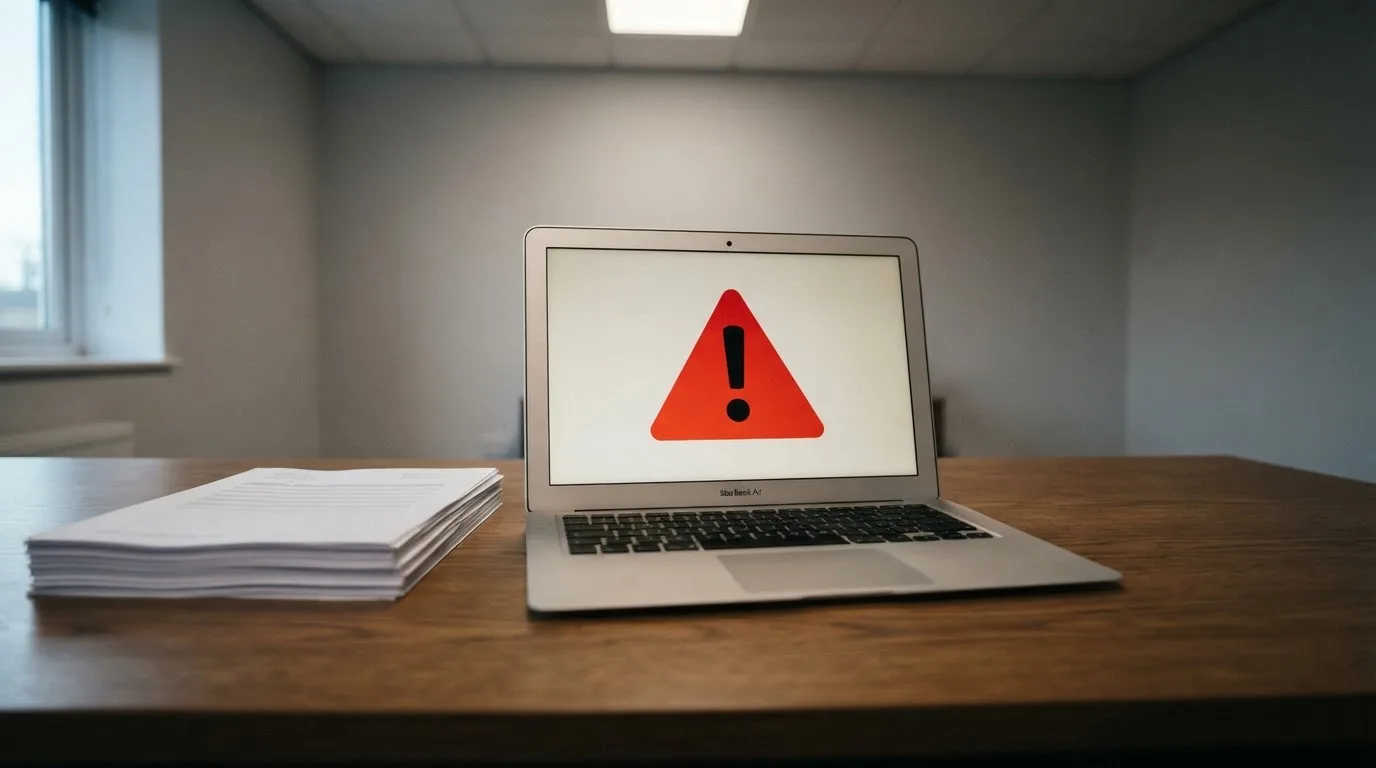 A red triangular warning sign icon on a laptop screen next to a stack of legal papers, symbolising an official caution rather than any specific website.