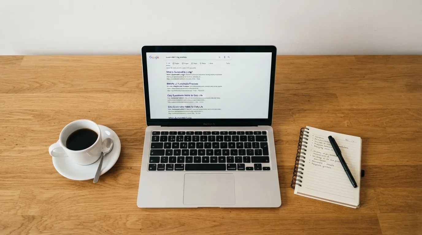 A tidy desk with a laptop open on a plain search-results page, a notebook and a coffee cup beside it, no screens showing any casino branding.