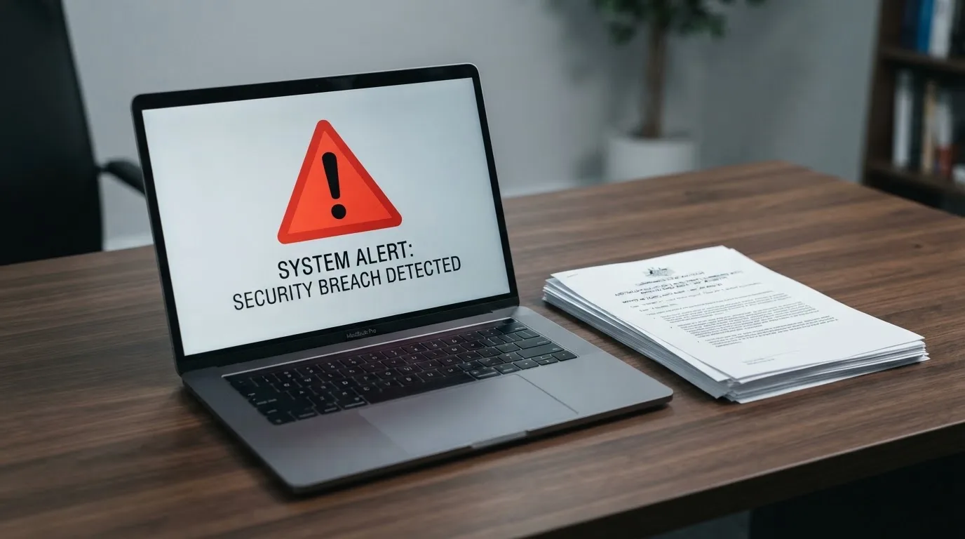 A red triangular warning sign icon on a laptop screen next to a stack of legal papers, symbolising an official caution rather than any specific website.