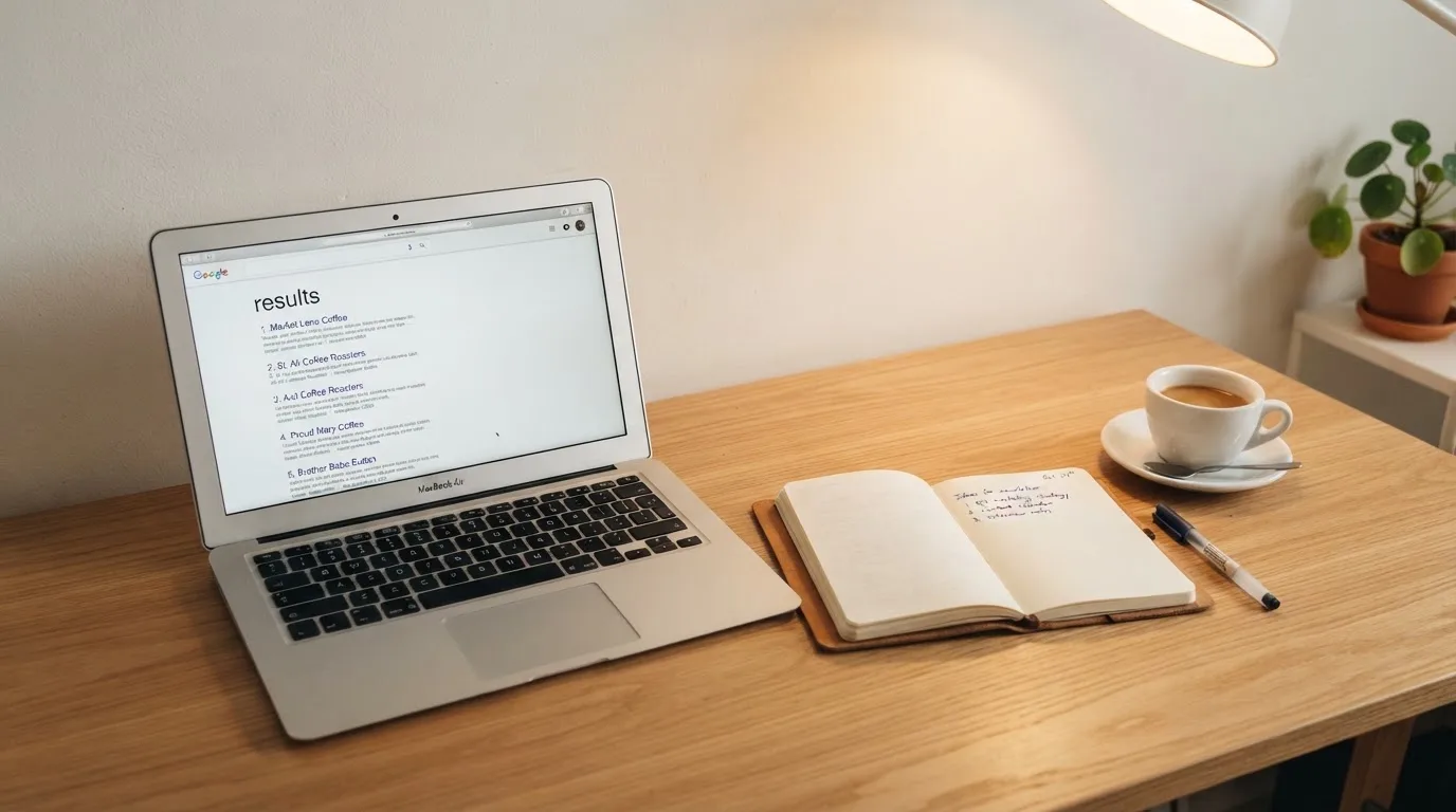 A tidy desk with a laptop open on a plain search-results page, a notebook and a coffee cup beside it, no screens showing any casino branding.