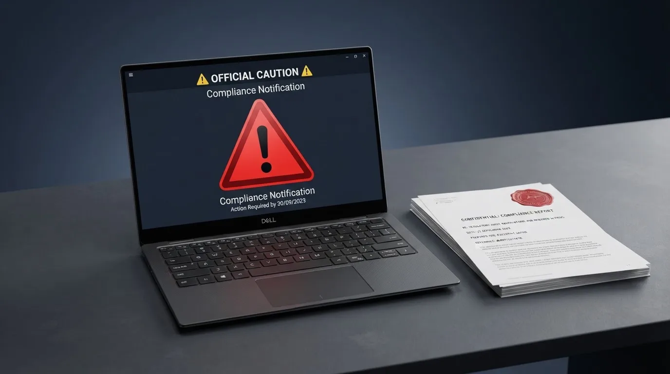 A red triangular warning sign icon on a laptop screen next to a stack of legal papers, symbolising an official caution rather than any specific website.