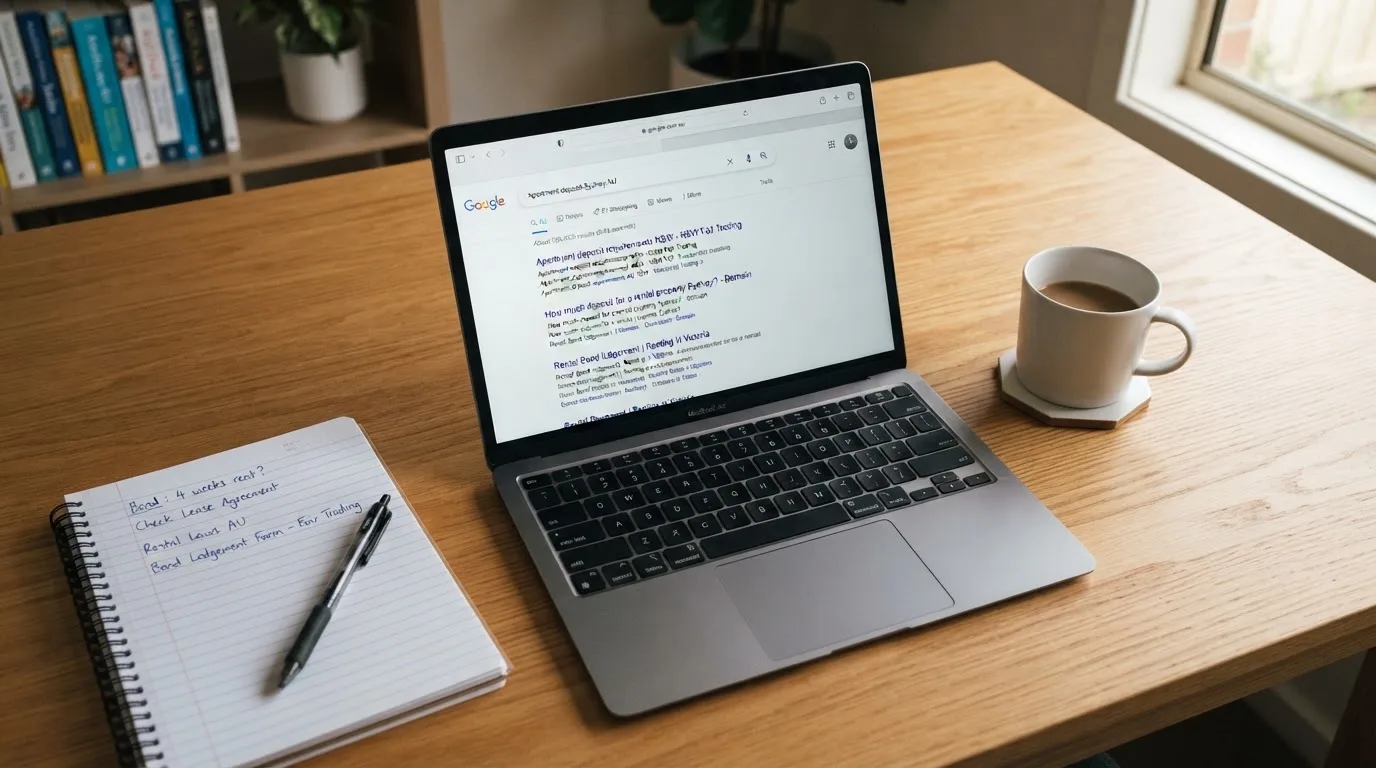 A tidy desk with a laptop open on a plain search-results page, a notebook and a coffee cup beside it, no screens showing any casino branding.