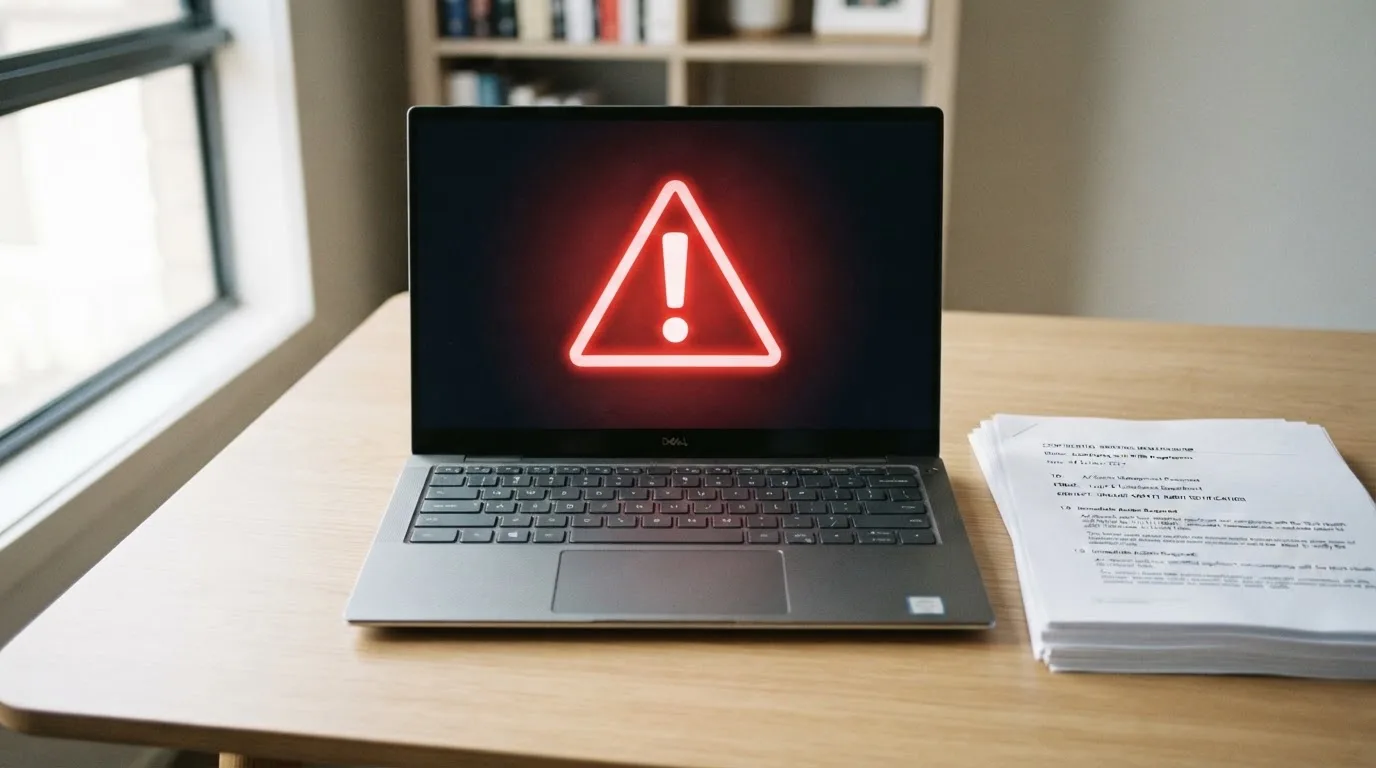 A red triangular warning sign icon on a laptop screen next to a stack of legal papers, symbolising an official caution rather than any specific website.