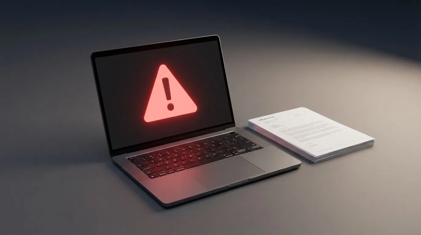 A red triangular warning sign icon on a laptop screen next to a stack of legal papers, symbolising an official caution rather than any specific website.