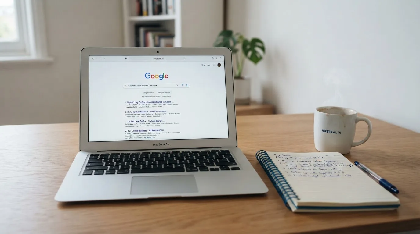 A tidy desk with a laptop open on a plain search-results page, a notebook and a coffee cup beside it, no screens showing any casino branding.
