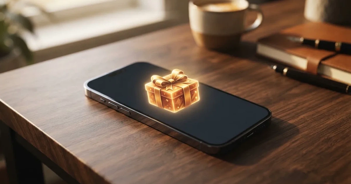 A gift box icon glowing on a phone screen, held at arm's length, suggesting an unopened offer rather than an active game.