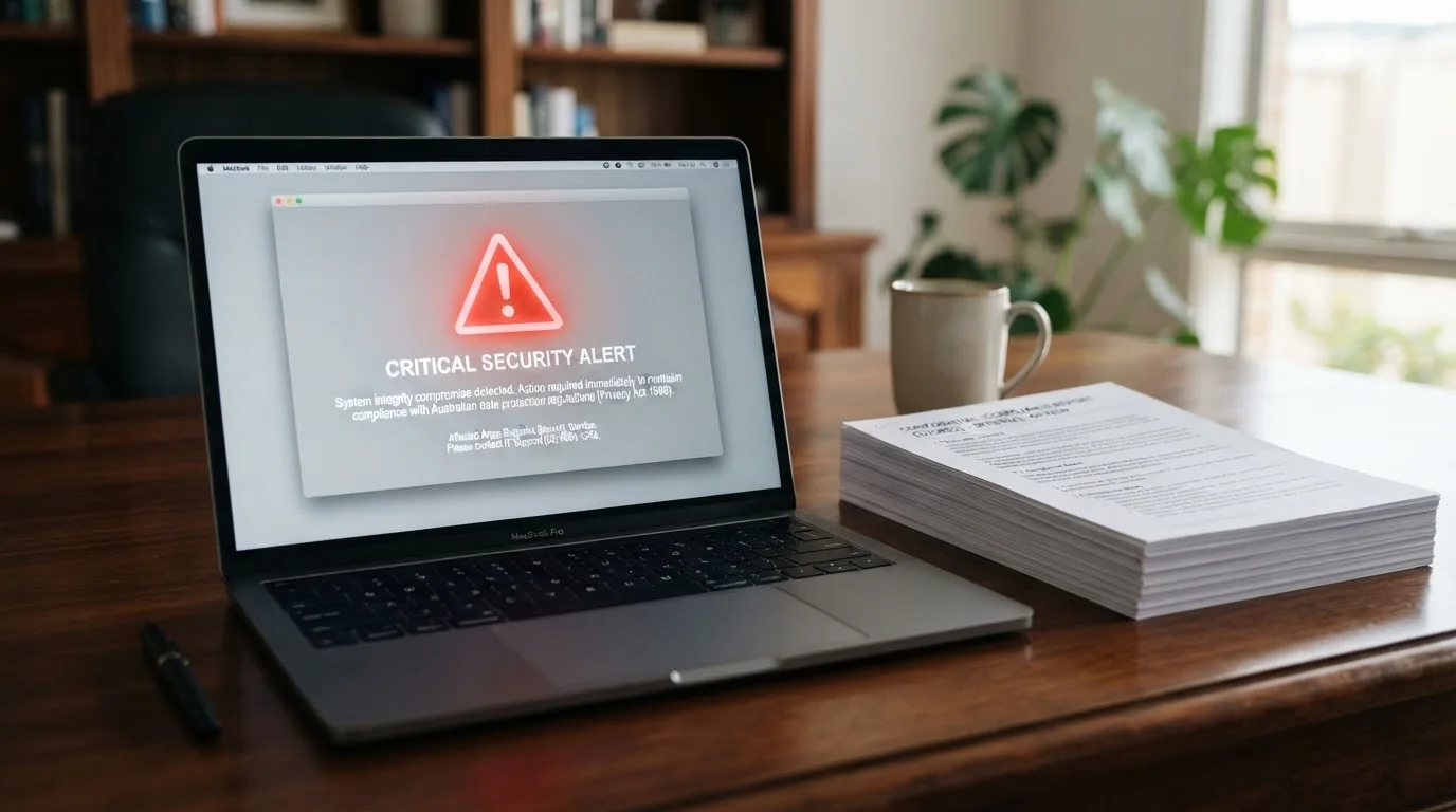 A red triangular warning sign icon on a laptop screen next to a stack of legal papers, symbolising an official caution rather than any specific website.