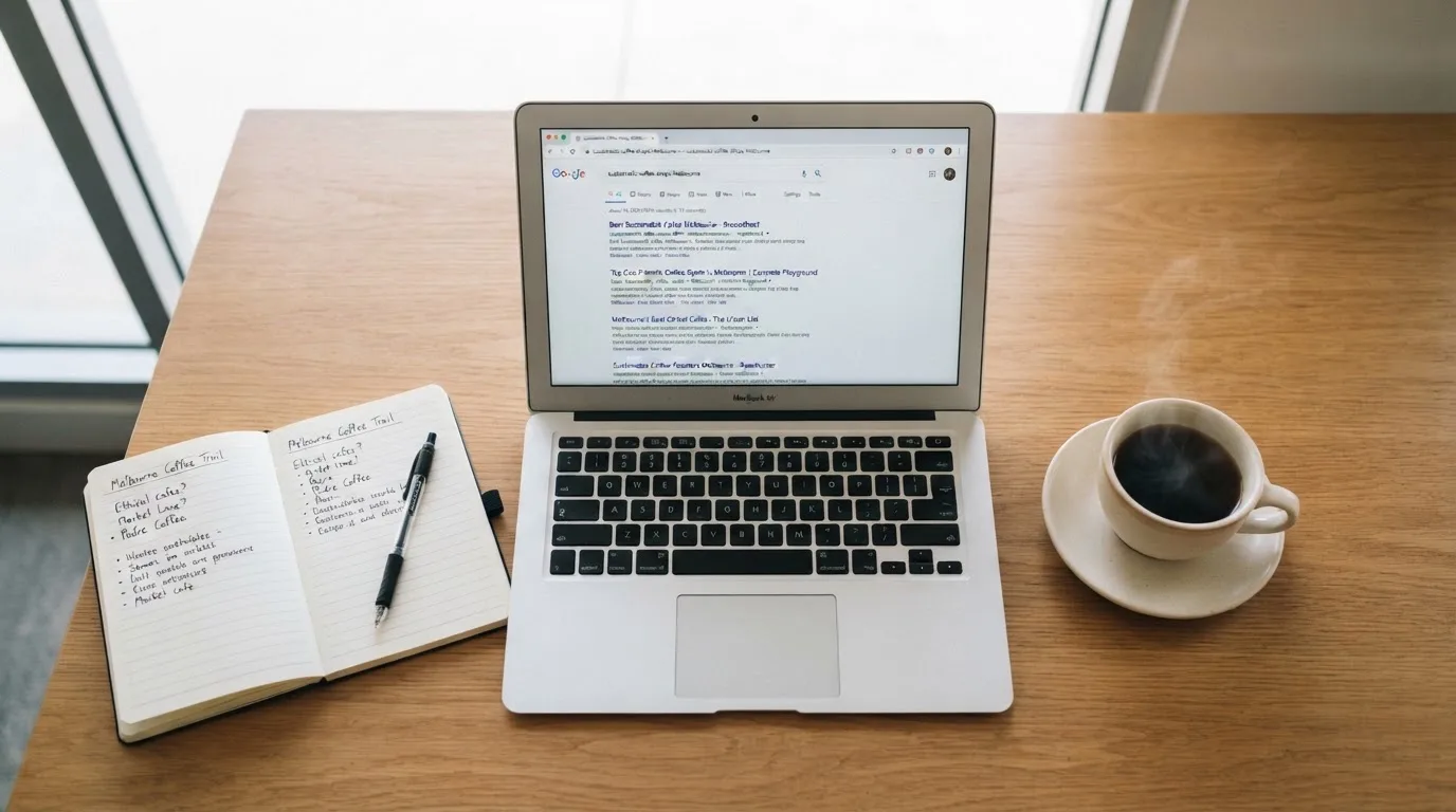 A tidy desk with a laptop open on a plain search-results page, a notebook and a coffee cup beside it, no screens showing any casino branding.