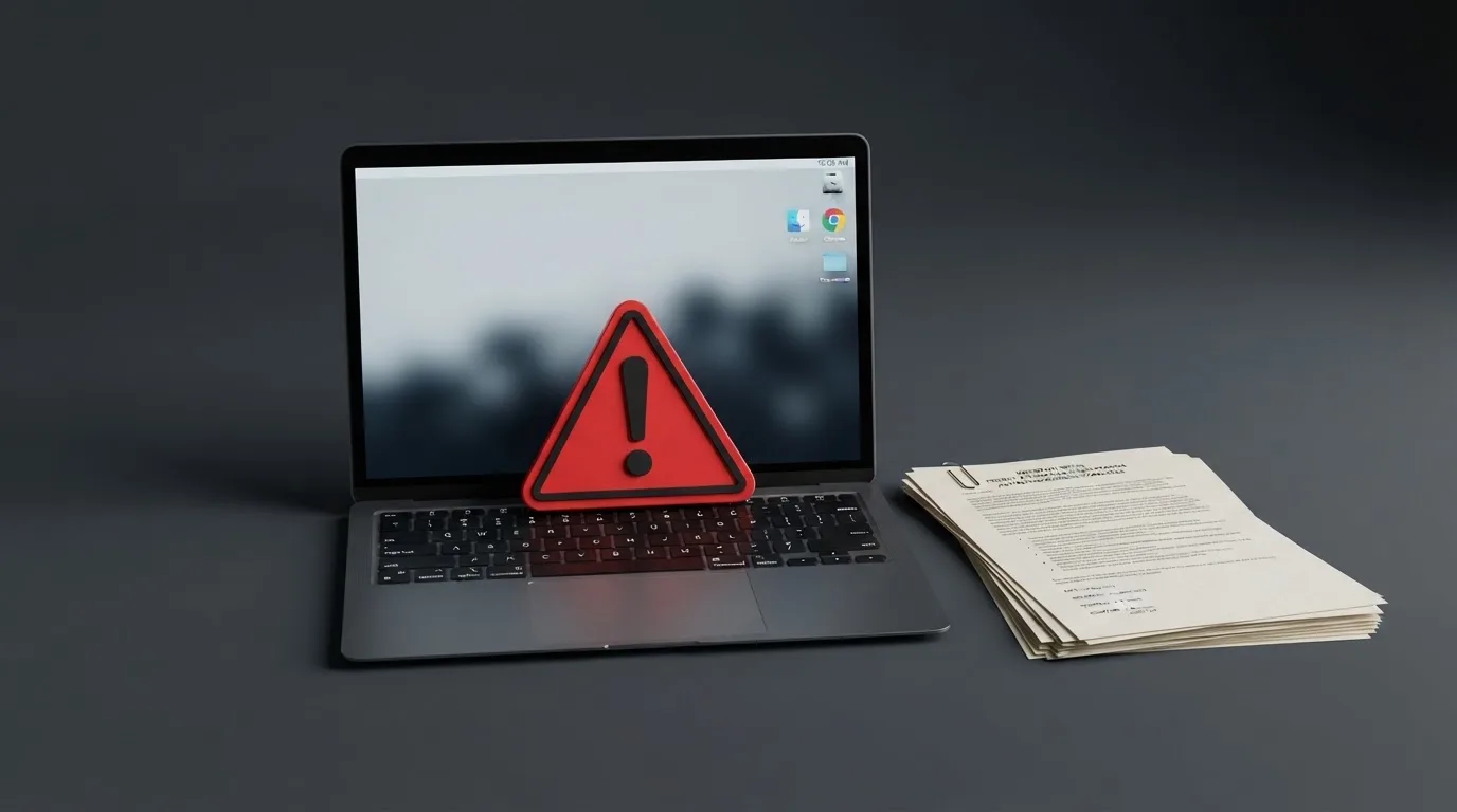 A red triangular warning sign icon on a laptop screen next to a stack of legal papers, symbolising an official caution rather than any specific website.