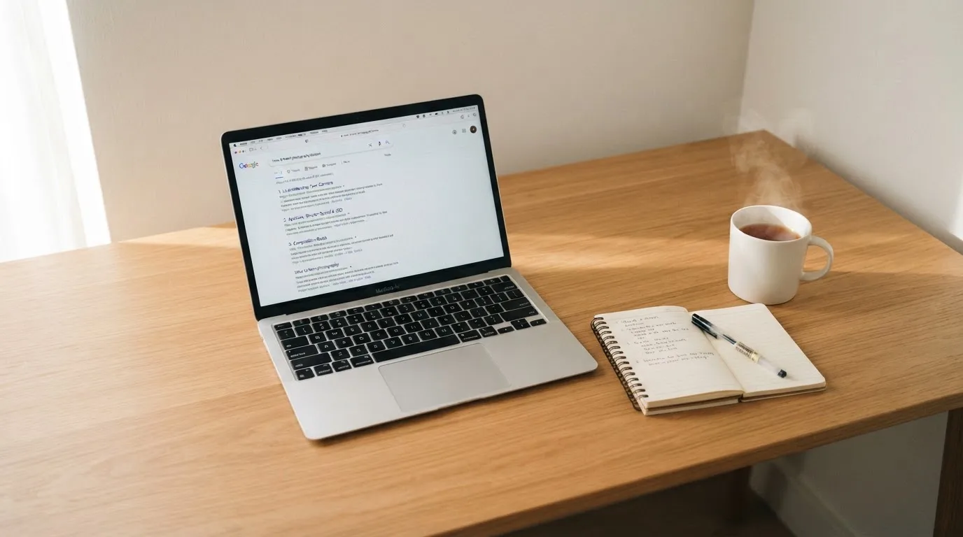 A tidy desk with a laptop open on a plain search-results page, a notebook and a coffee cup beside it, no screens showing any casino branding.