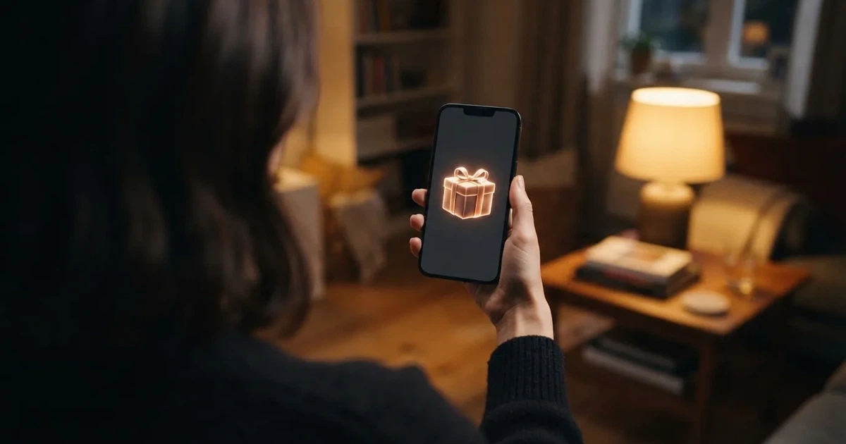 A gift box icon glowing on a phone screen, held at arm's length, suggesting an unopened offer rather than an active game.