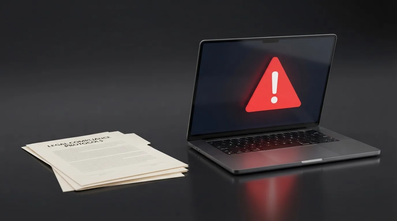 A red triangular warning sign icon on a laptop screen next to a stack of legal papers, symbolising an official caution rather than any specific website.