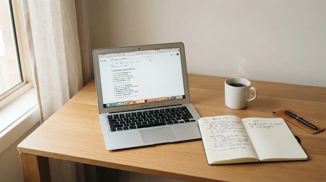 A tidy desk with a laptop open on a plain search-results page, a notebook and a coffee cup beside it, no screens showing any casino branding.