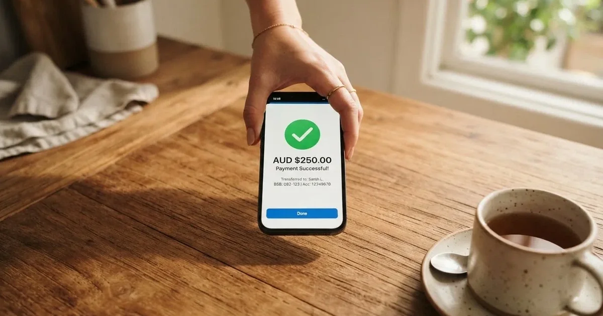 A smartphone screen showing a generic bank-transfer confirmation tick, held over a kitchen table.