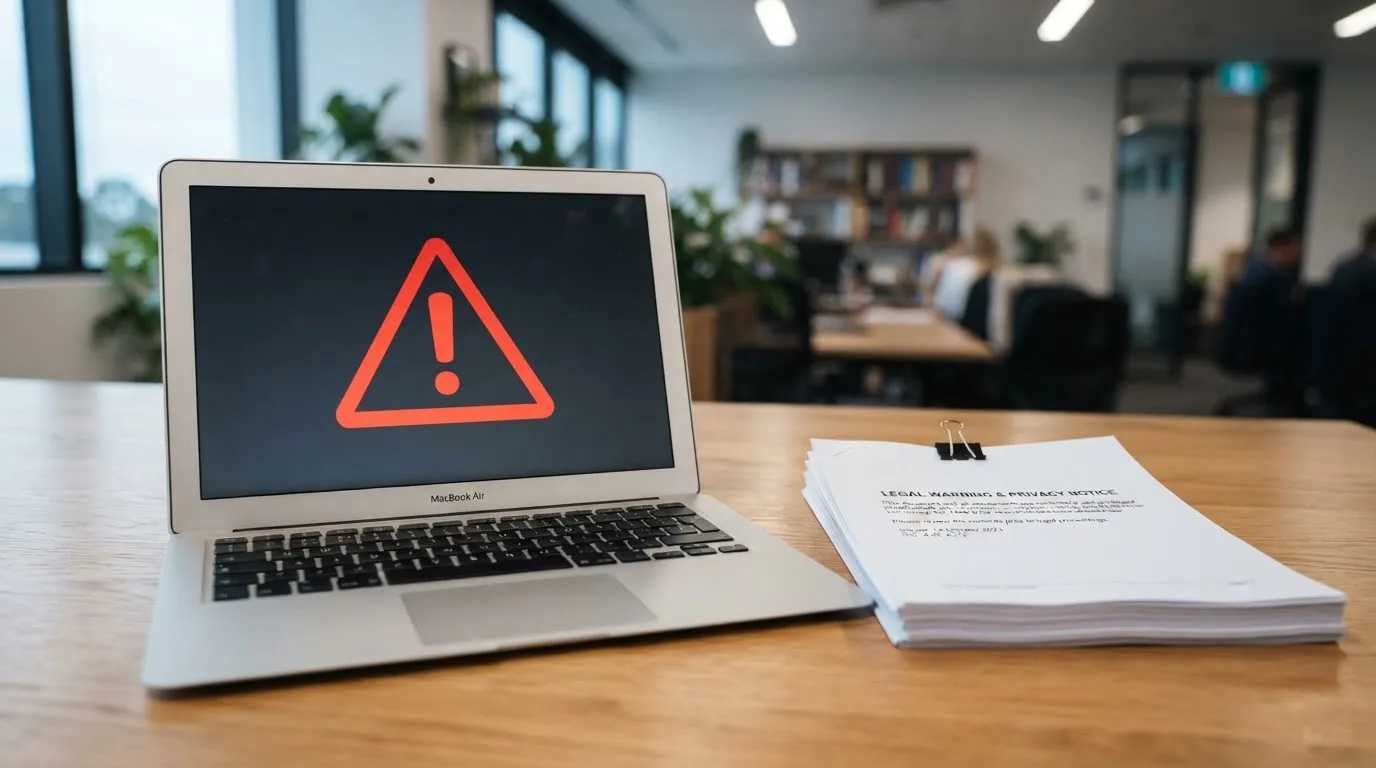 A red triangular warning sign icon on a laptop screen next to a stack of legal papers, symbolising an official caution rather than any specific website.