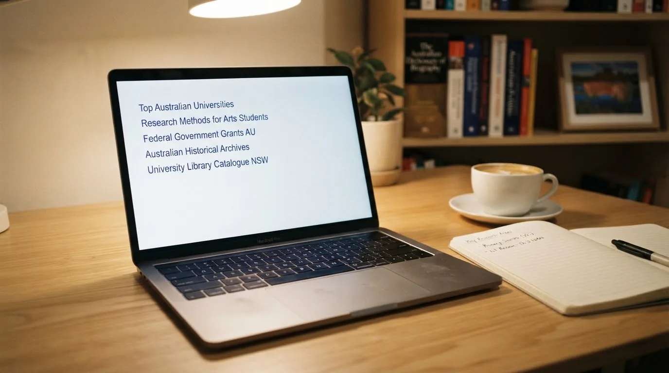 A tidy desk with a laptop open on a plain search-results page, a notebook and a coffee cup beside it, no screens showing any casino branding.