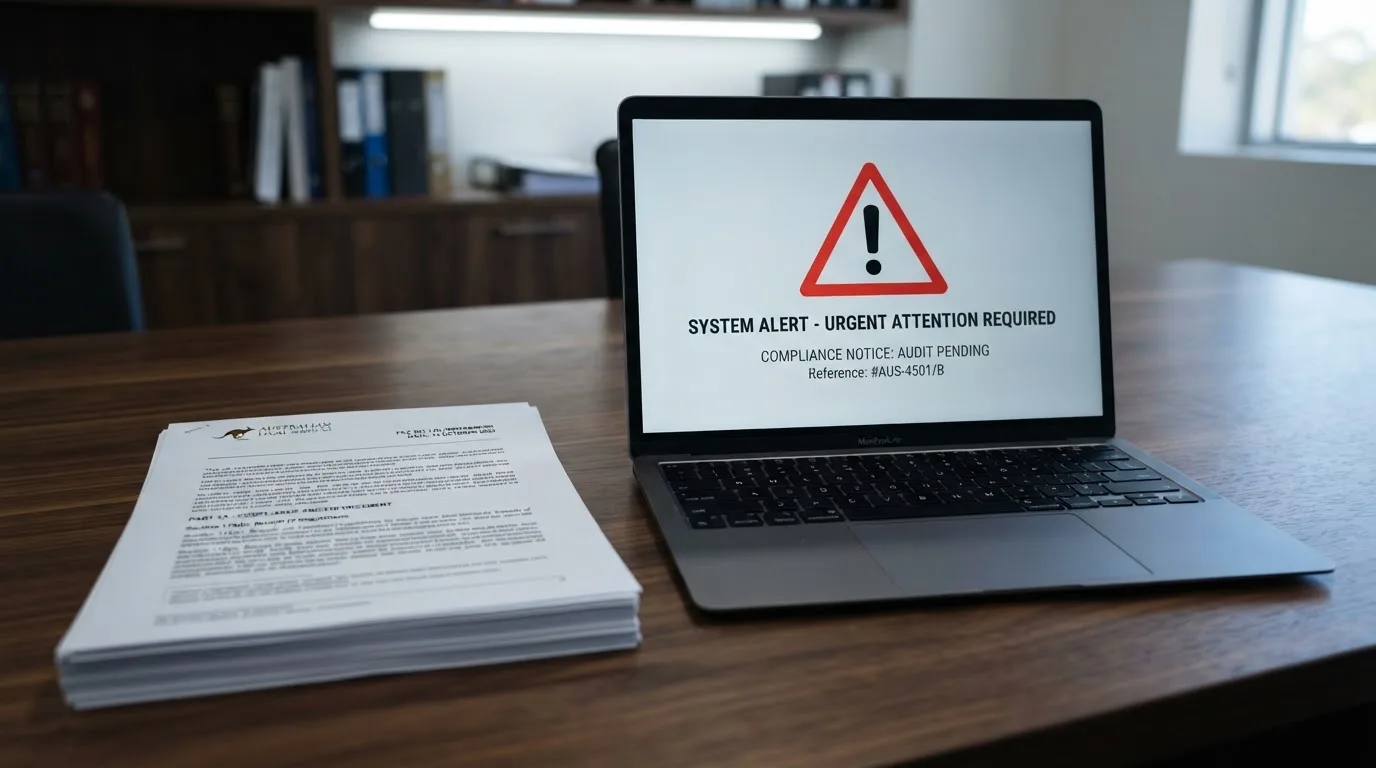 A red triangular warning sign icon on a laptop screen next to a stack of legal papers, symbolising an official caution rather than any specific website.