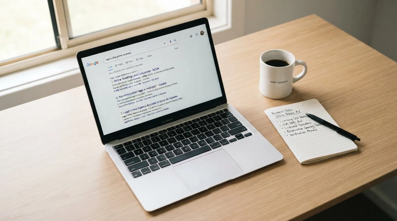A tidy desk with a laptop open on a plain search-results page, a notebook and a coffee cup beside it, no screens showing any casino branding.