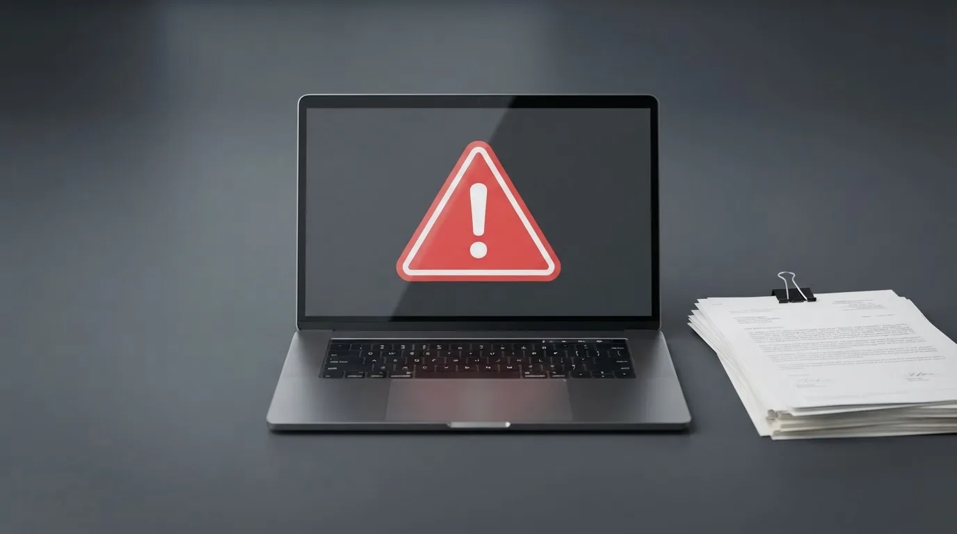 A red triangular warning sign icon on a laptop screen next to a stack of legal papers, symbolising an official caution rather than any specific website.