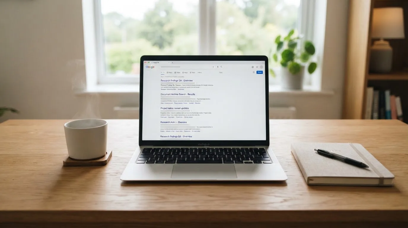 A tidy desk with a laptop open on a plain search-results page, a notebook and a coffee cup beside it, no screens showing any casino branding.