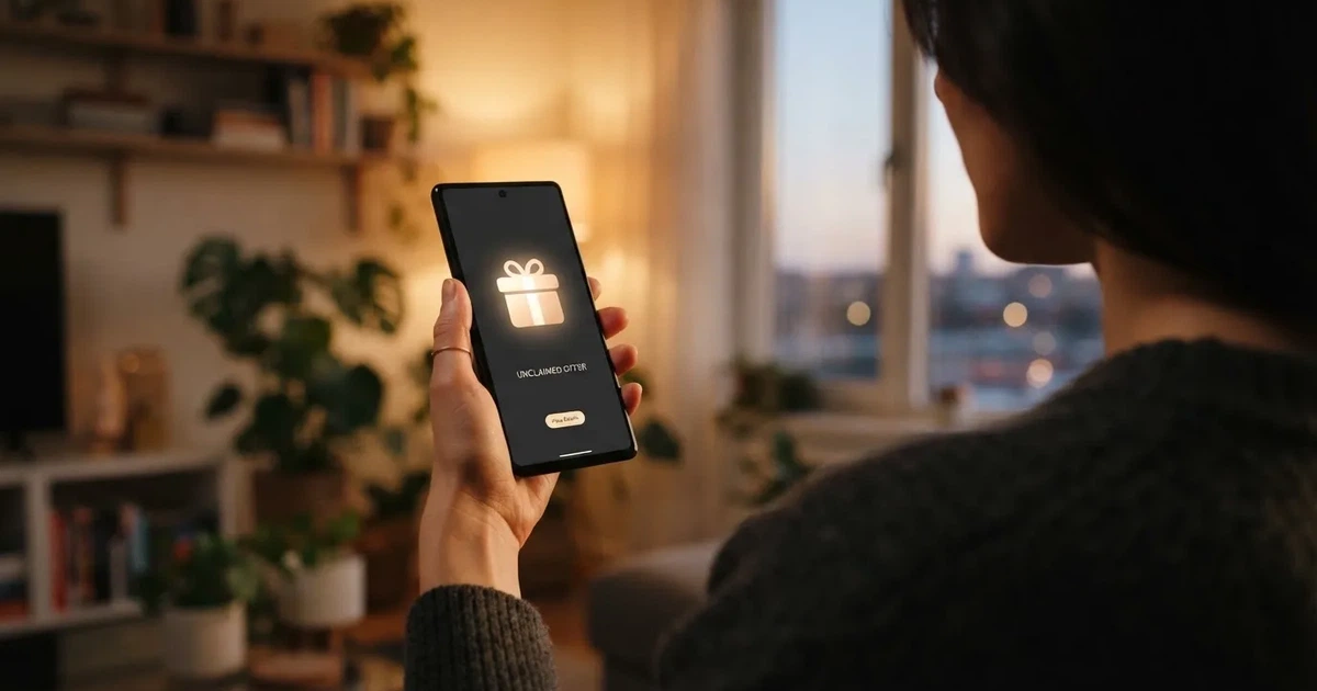 A gift box icon glowing on a phone screen, held at arm's length, suggesting an unopened offer rather than an active game.