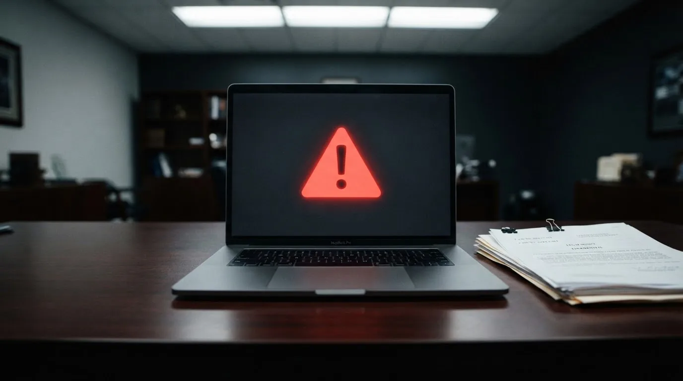 A red triangular warning sign icon on a laptop screen next to a stack of legal papers, symbolising an official caution rather than any specific website.