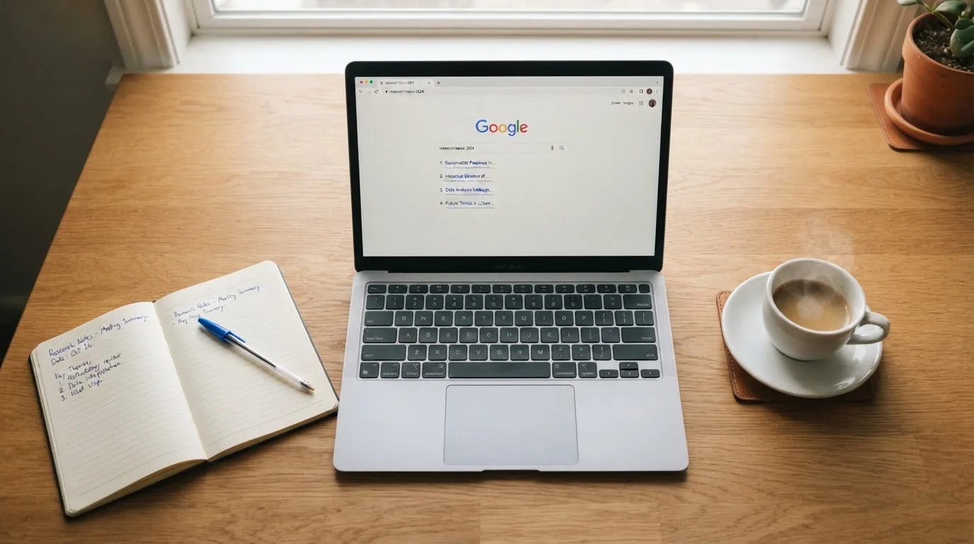 A tidy desk with a laptop open on a plain search-results page, a notebook and a coffee cup beside it, no screens showing any casino branding.