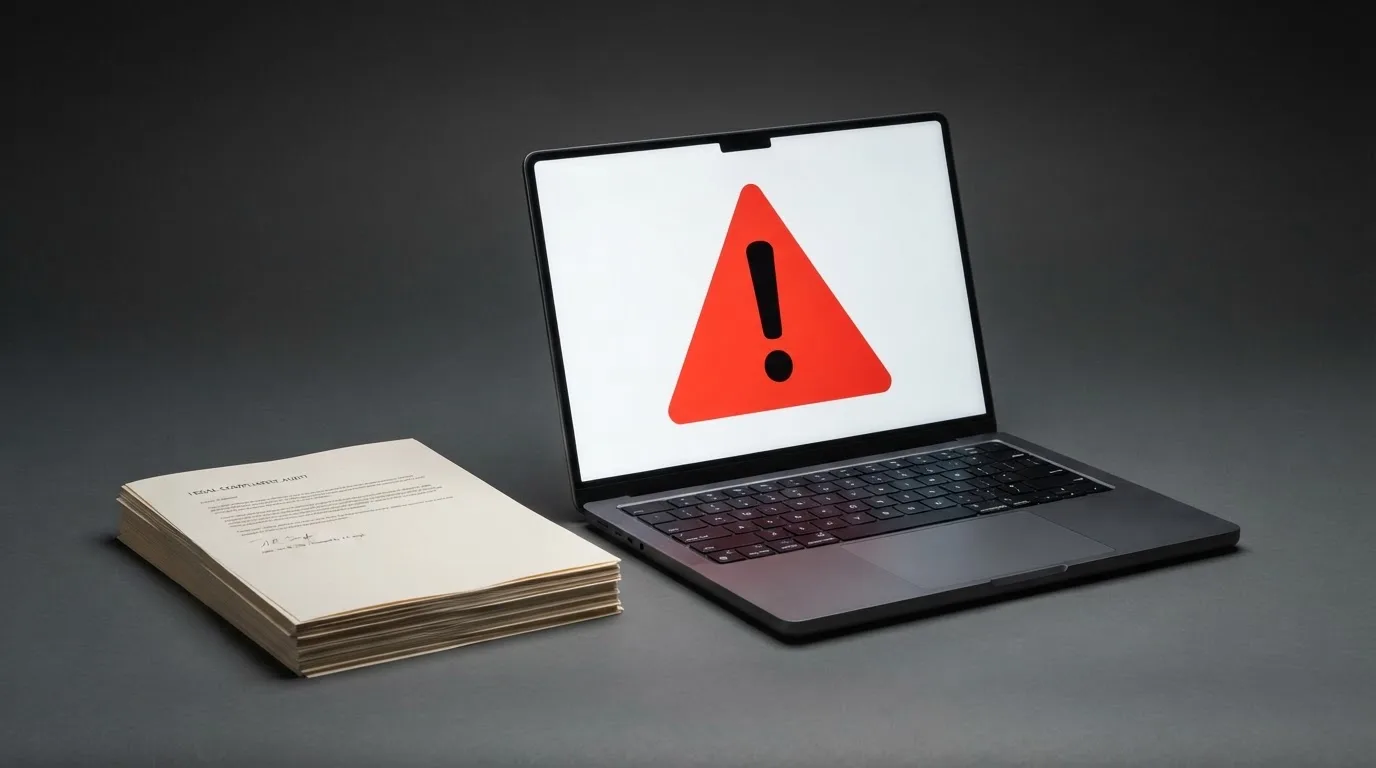 A red triangular warning sign icon on a laptop screen next to a stack of legal papers, symbolising an official caution rather than any specific website.