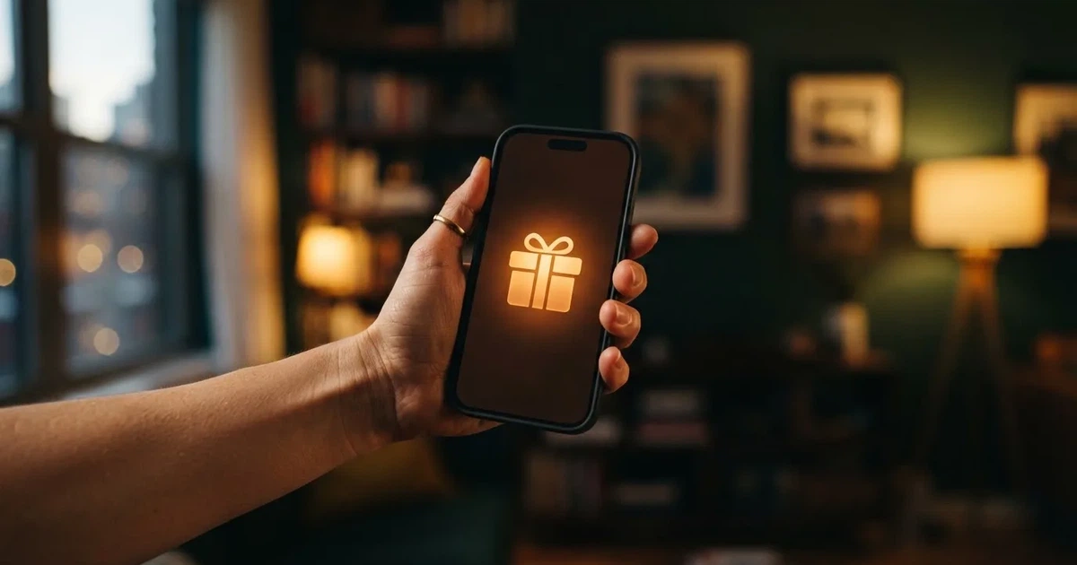 A gift box icon glowing on a phone screen, held at arm's length, suggesting an unopened offer rather than an active game.