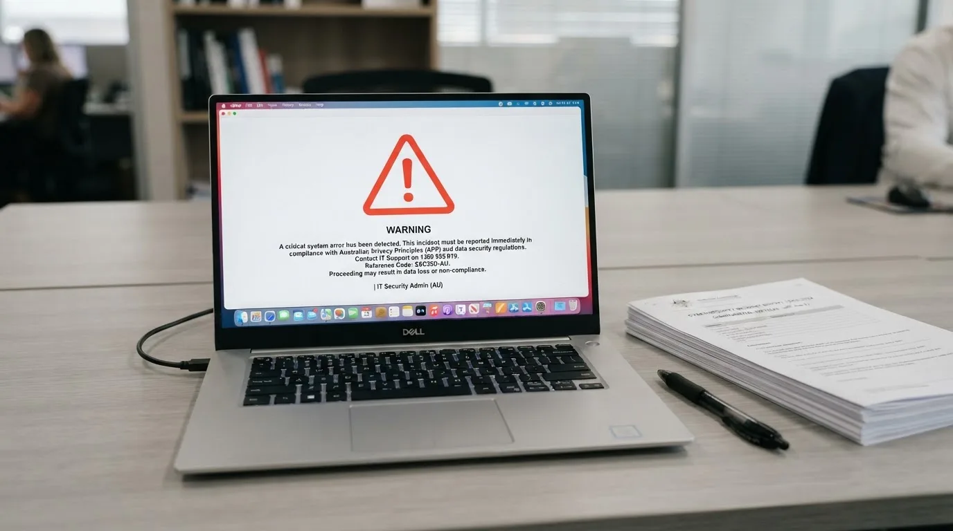 A red triangular warning sign icon on a laptop screen next to a stack of legal papers, symbolising an official caution rather than any specific website.