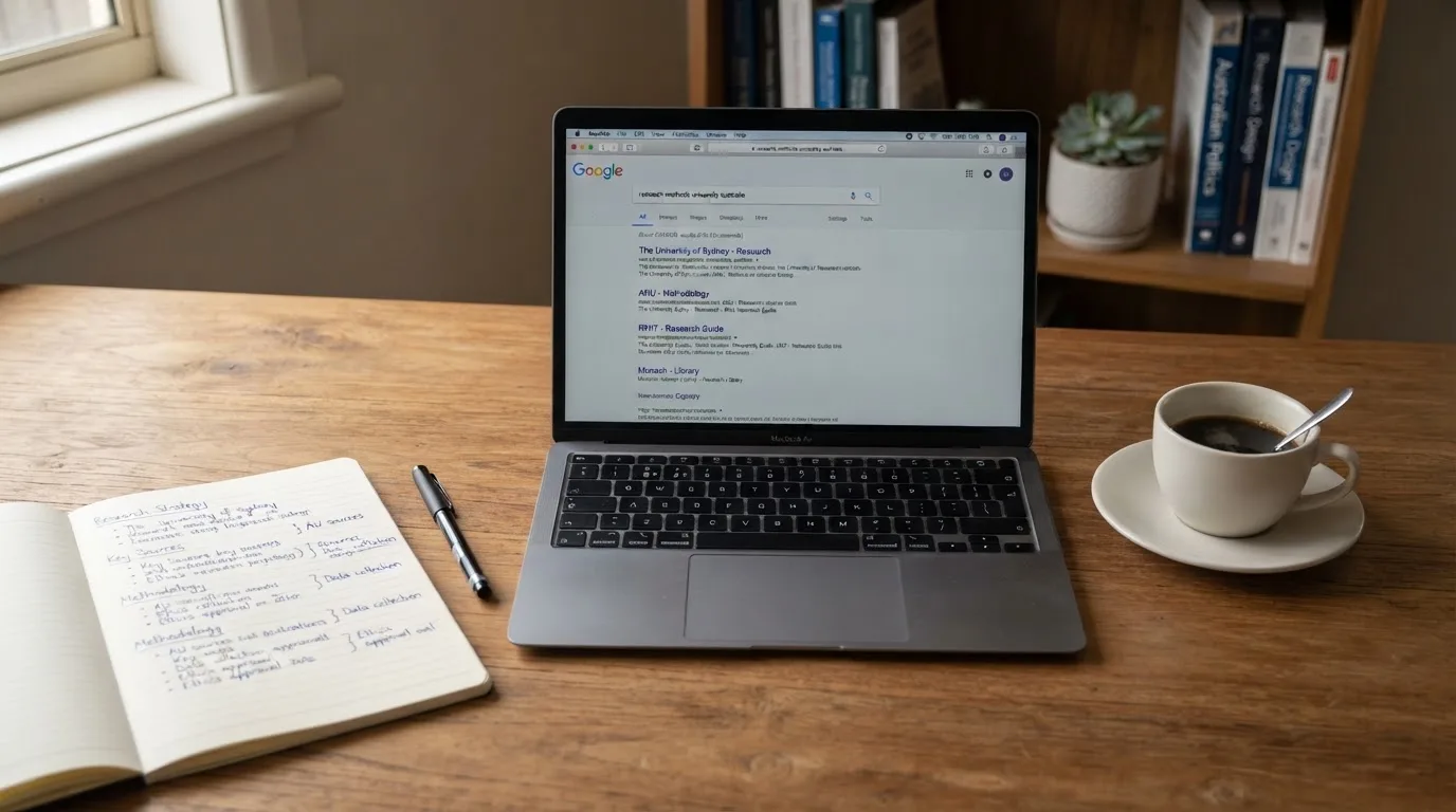 A tidy desk with a laptop open on a plain search-results page, a notebook and a coffee cup beside it, no screens showing any casino branding.