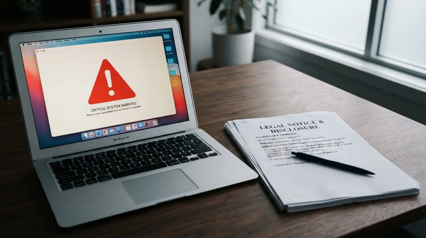 A red triangular warning sign icon on a laptop screen next to a stack of legal papers, symbolising an official caution rather than any specific website.