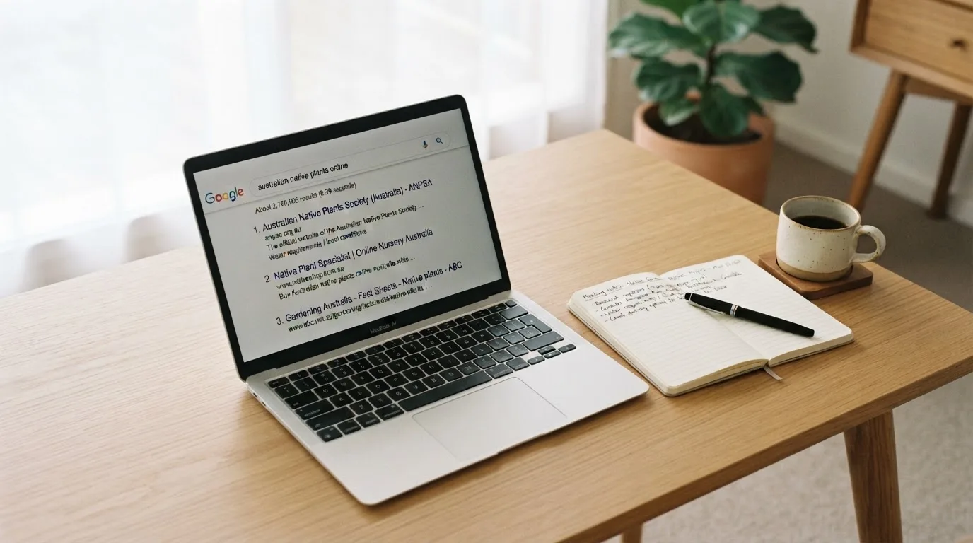 A tidy desk with a laptop open on a plain search-results page, a notebook and a coffee cup beside it, no screens showing any casino branding.