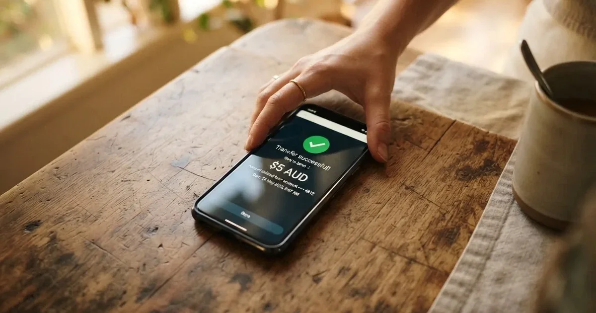 A smartphone screen showing a generic bank-transfer confirmation tick, held over a kitchen table.