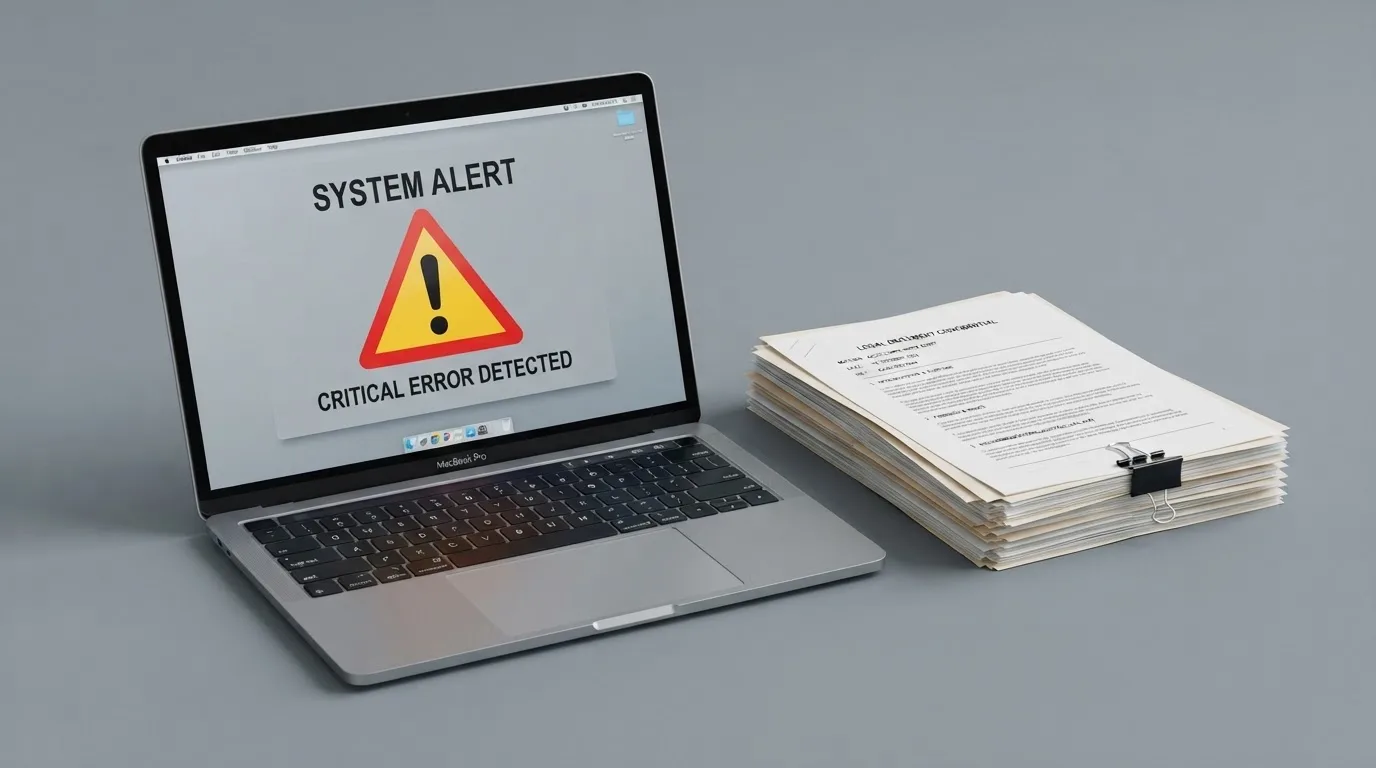 A red triangular warning sign icon on a laptop screen next to a stack of legal papers, symbolising an official caution rather than any specific website.