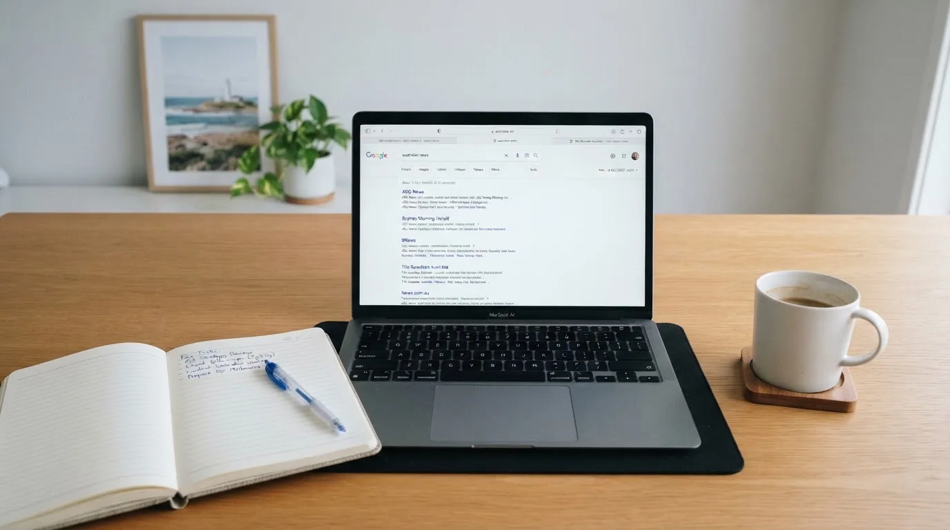 A tidy desk with a laptop open on a plain search-results page, a notebook and a coffee cup beside it, no screens showing any casino branding.