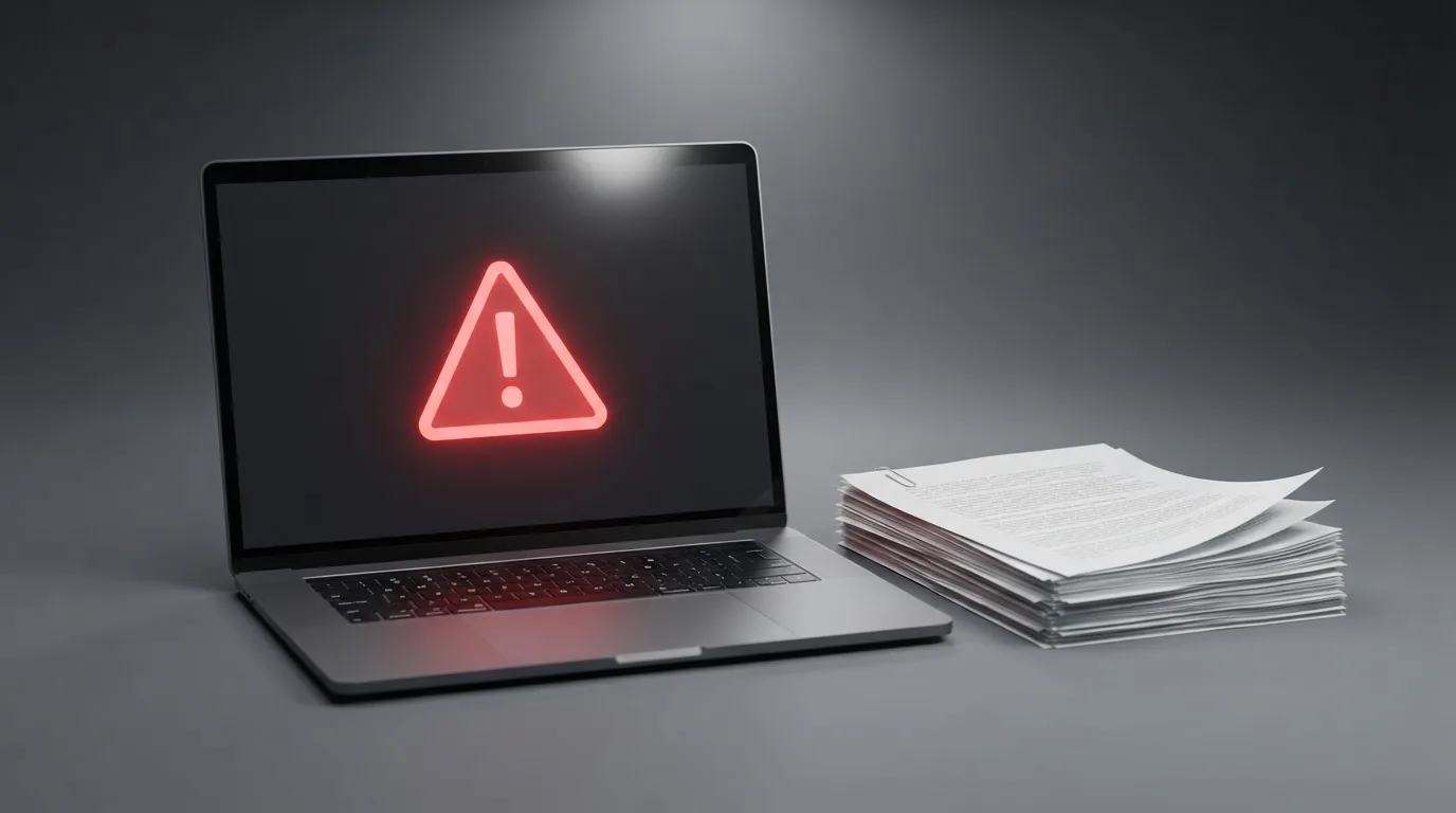 A red triangular warning sign icon on a laptop screen next to a stack of legal papers, symbolising an official caution rather than any specific website.