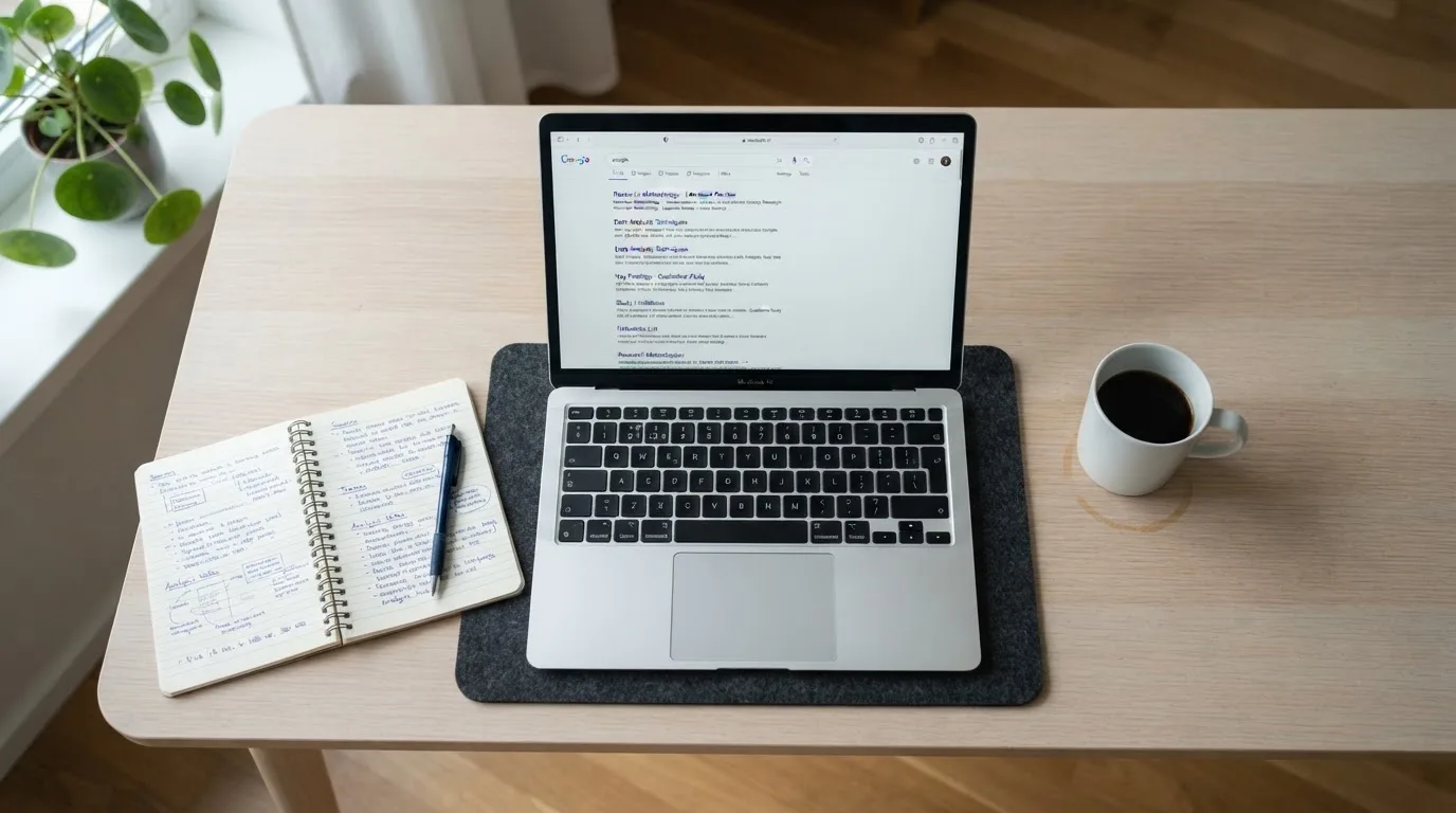 A tidy desk with a laptop open on a plain search-results page, a notebook and a coffee cup beside it, no screens showing any casino branding.