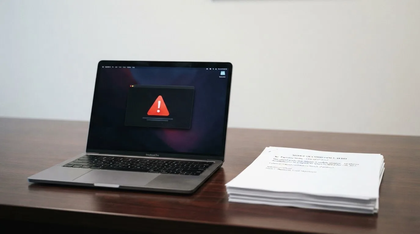 A red triangular warning sign icon on a laptop screen next to a stack of legal papers, symbolising an official caution rather than any specific website.