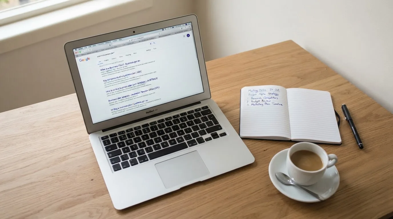 A tidy desk with a laptop open on a plain search-results page, a notebook and a coffee cup beside it, no screens showing any casino branding.