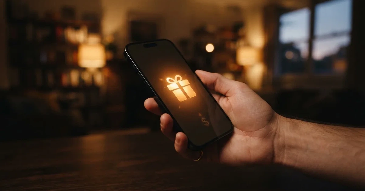 A gift box icon glowing on a phone screen, held at arm's length, suggesting an unopened offer rather than an active game.