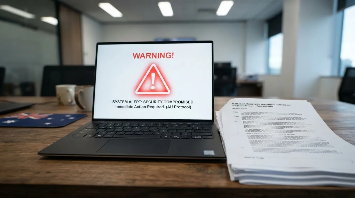 A red triangular warning sign icon on a laptop screen next to a stack of legal papers, symbolising an official caution rather than any specific website.