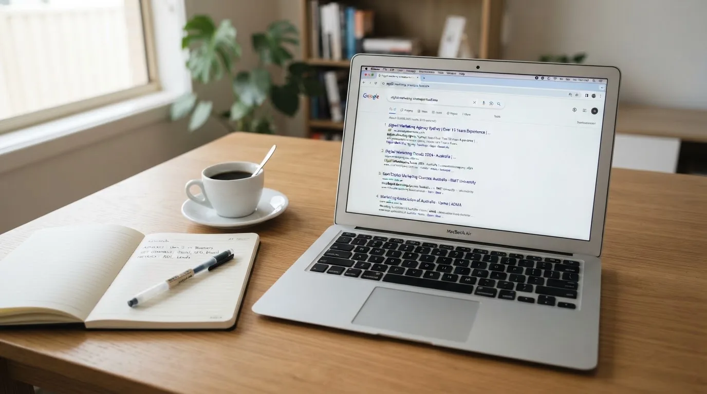 A tidy desk with a laptop open on a plain search-results page, a notebook and a coffee cup beside it, no screens showing any casino branding.