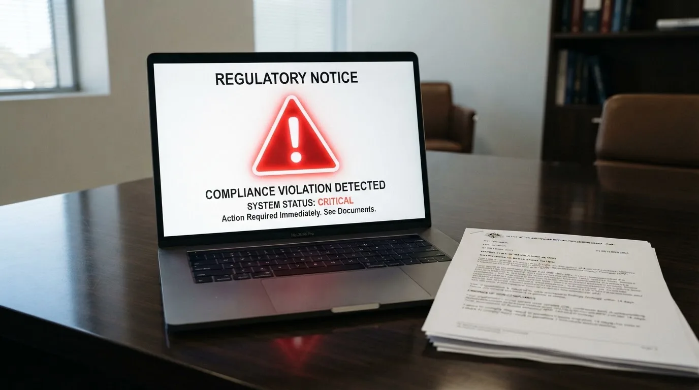 A red triangular warning sign icon on a laptop screen next to a stack of legal papers, symbolising an official caution rather than any specific website.