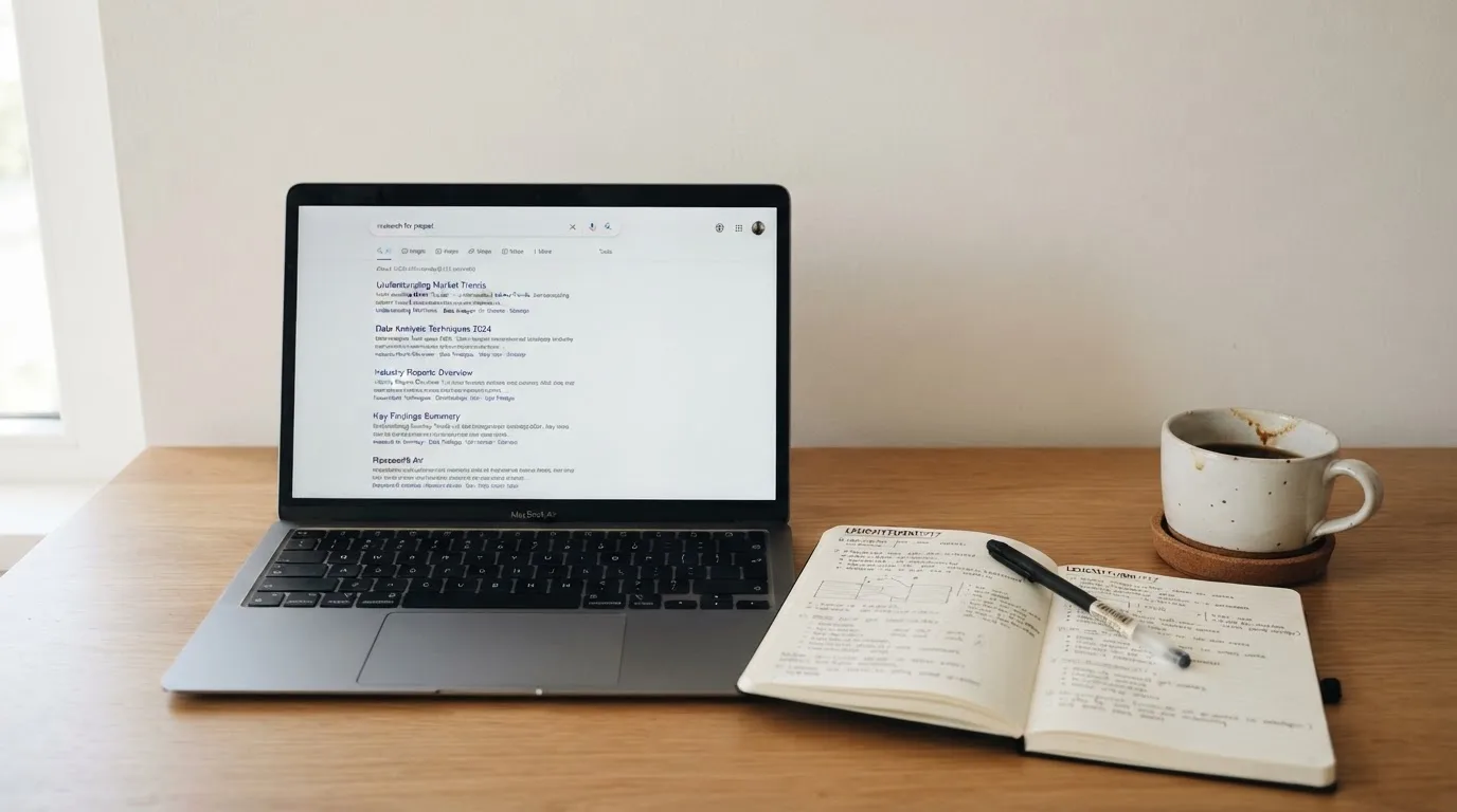 A tidy desk with a laptop open on a plain search-results page, a notebook and a coffee cup beside it, no screens showing any casino branding.