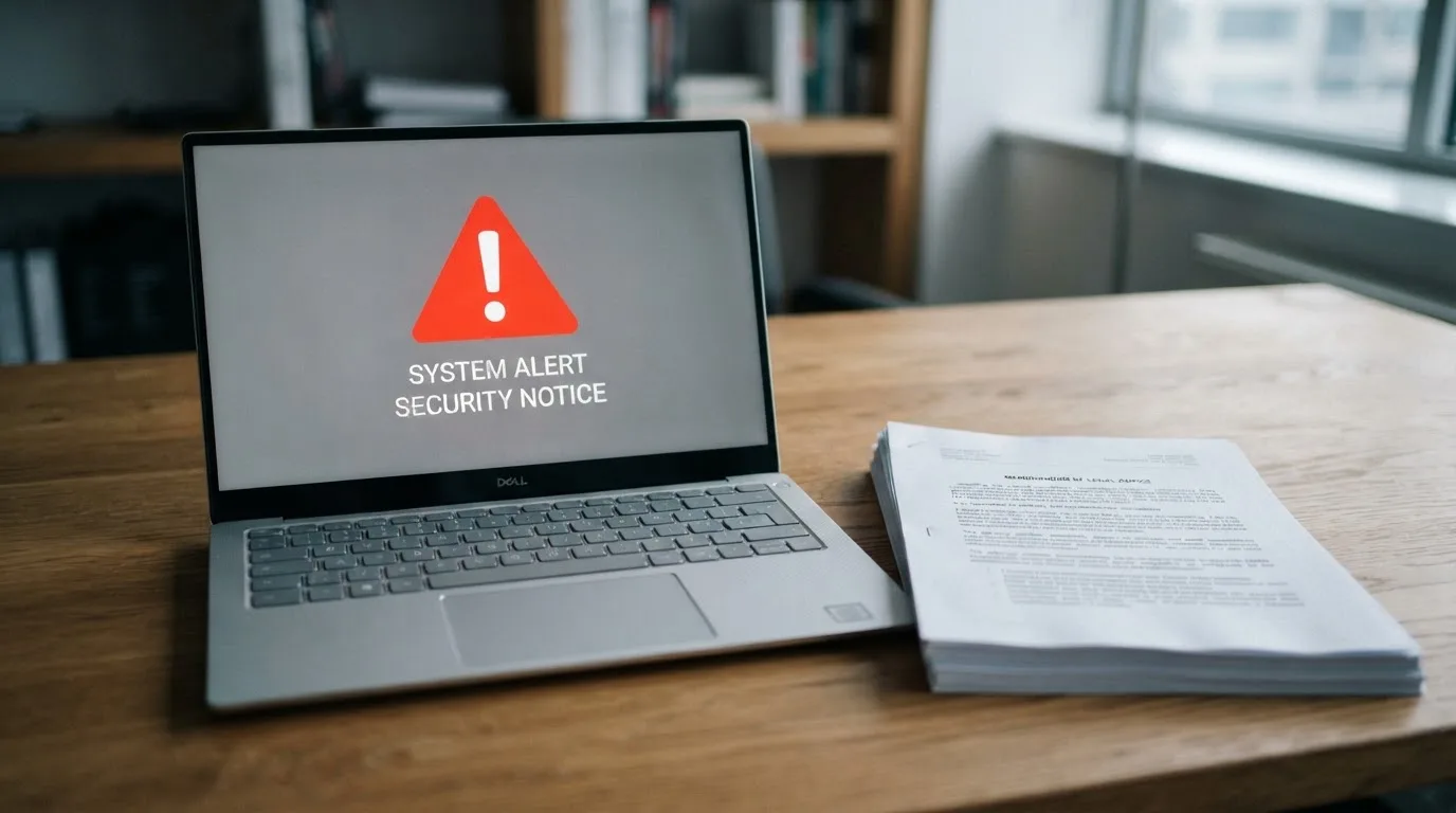 A red triangular warning sign icon on a laptop screen next to a stack of legal papers, symbolising an official caution rather than any specific website.