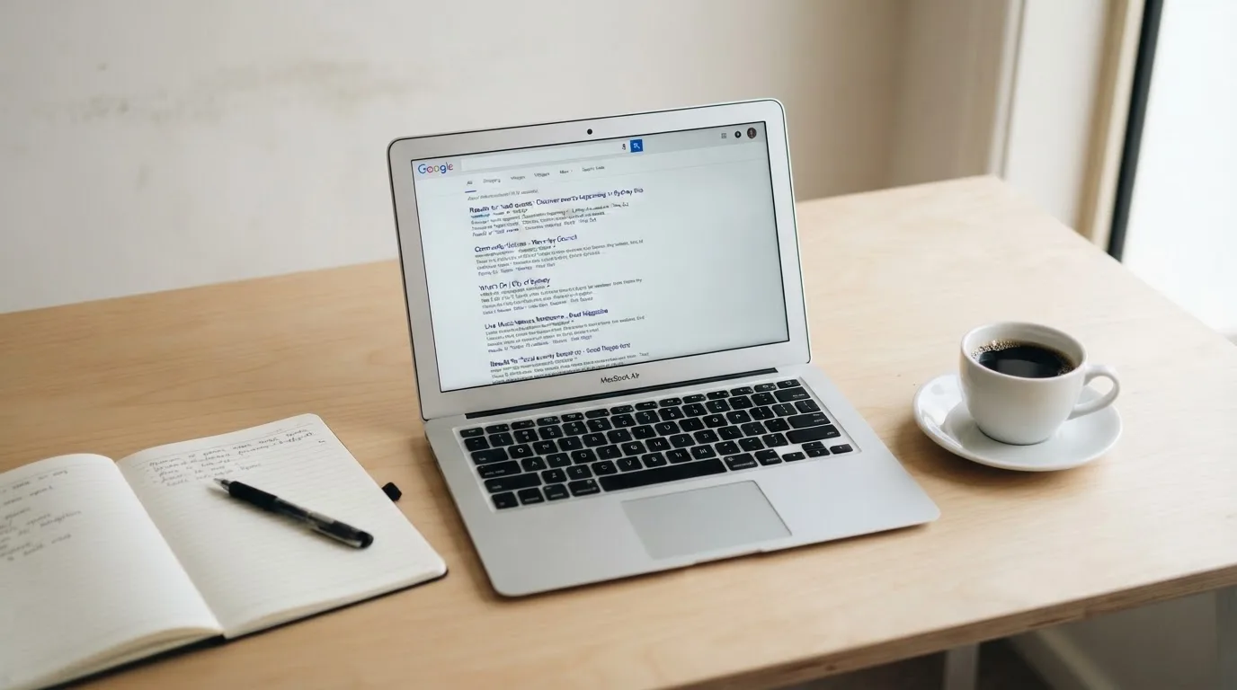 A tidy desk with a laptop open on a plain search-results page, a notebook and a coffee cup beside it, no screens showing any casino branding.