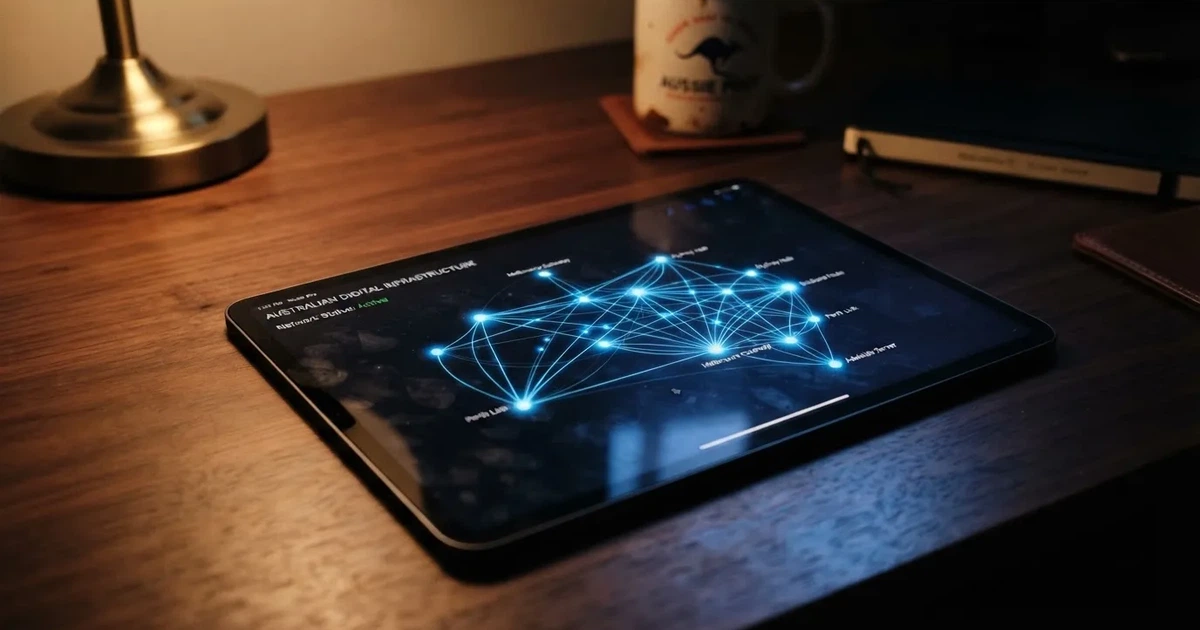 A network of glowing connected nodes displayed on a tablet screen, representing a distributed ledger diagram.