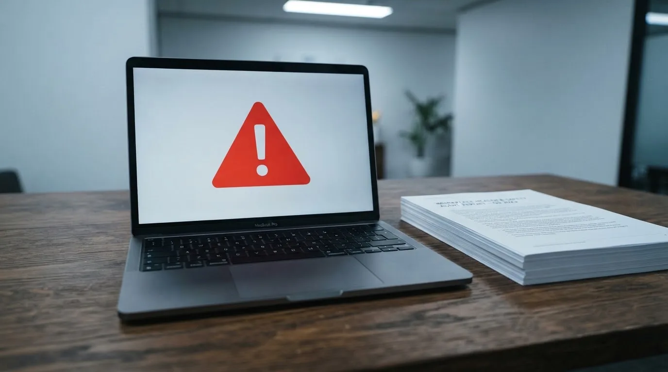 A red triangular warning sign icon on a laptop screen next to a stack of legal papers, symbolising an official caution rather than any specific website.